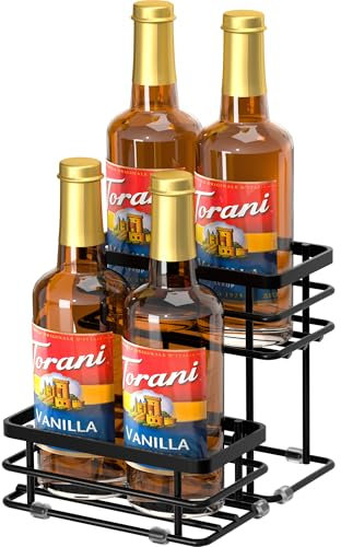 Homedawn Kaffeesirup-Organizer, Sirup-Flaschenhalter Ständer für Kaffeebar, 2-stöckig, 4 Flaschen, Aufbewahrungsregale für Sirup, Wein, Dressing für Küchenarbeitsplatte (4 Flaschen, schwarz)