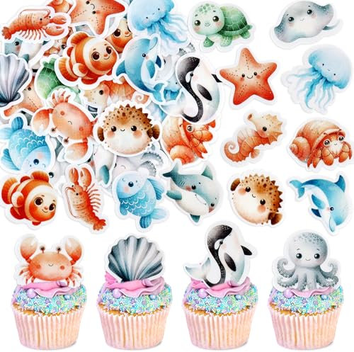 Blumomon 48pcs Edible Ocean Animal Cupcake Toppers Under the Sea Octopus Seahorse Sea Turtle Cake Decorations for Under the Sea Theme Baby Shower Birthday Party Supplies