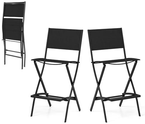 KOMFOTTEU 2er Set Gartenstühle, Barstühle klappbar mit Fußstütze, Barhocker Tresenhocker bis 150kg, Klappstühle für Balkon, Garten (Schwarz)