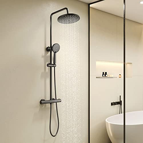 KOMIRO Colonne de Douche Noir, Colonne de Douche Thermostatique, Colonne de Douche avec Mitigeur, Réglable en Hauteur, Ensemble de Douche pour Salle de Bain, Rond