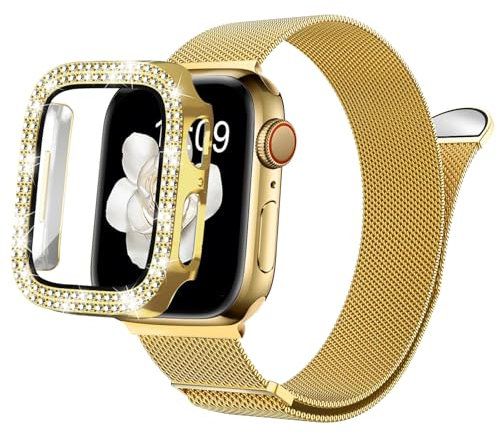 NewJourney Milanese Armband Kompatibel mit Apple Watch 40mm 41mm 42mm 44mm 45mm 46mm mit Hülle Frauen,Ersatz Metall Armband mit Bling PC Schutzhülle für iWatch SE Series 10/9/8/7/6/5/4(Gold, 40mm)