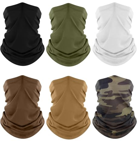 Fuinloth Neck Gaiter, 6 Pack Face Mask Bandana Fishing Cooling Sun Protection Scarf for Men Women Black+Green+Camo+Sand+Brown+White