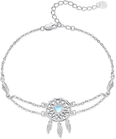CRWENG Traumfänger Armband 925 Sterling Silber mit Mondstein Feder Anhänger Boho Schmuck Geschenk für Frauen Spiritual Armband für Freundschaft Geburtstag