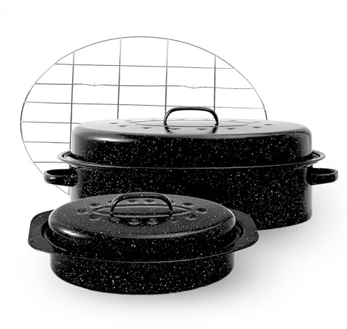 Granit-Emaille-Bräter mit Deckel, 33 cm, 45,7 cm, Granit-Bräter-Set mit Rost, geeignet zum Kochen von Geflügel und Truthahn, spülmaschinenfest, Urlaubs- und Geburtstagsgeschenke, widersteht bis zu 500