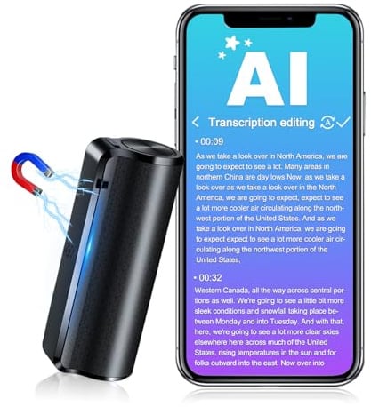 64GB magnetischer KI-Sprachrekorder mit App-Steuerung, Rauschunterdrückung, Spracherkennung, Zusammenfassung & Mindmapping – 58 Sprachen, ideal für Interviews, Vorträge & Meetings