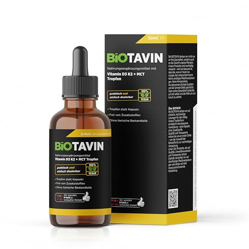 BiOTAVIN Vitamin D3K2 Tropfen mit MCT Öl 50 ml (1 x 50 ml) | Pro Tagesportion 1000 IE – Mit Pipette leicht dosierbar – Für Herz, Kreislauf, Knochen, Immunsystem & Muskeln | laborgeprüft