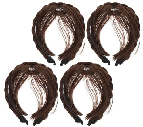 jojofuny 4 Stück Geflochtenes Stirnband mit Synthetischem Pony Haarverlängerungen für Damen Braunes Haarteil für Nahtlosen Halt und Natürliche Ponyfrisuren