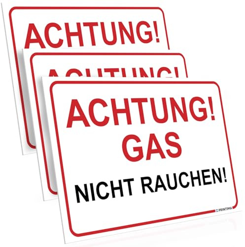PRINTIMA 3x Schild ACHTUNG! GAS – NICHT RAUCHEN! 32x21 cm – Warnschild aus PCV inkl. Dübel & Schrauben – Sicherheitskennzeichnung für Gasräume & Technikbereiche