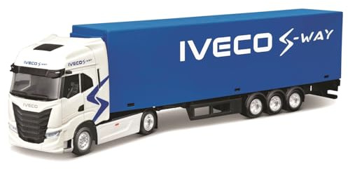 Bburago – LKW mit Anhänger IVECO S-Way 1:43, weiß-blaues Diecast-Fahrzeug, detailliertes statisches Modell mit Anhänger, offiziell von IVECO lizenziert, empfohlenes Alter 3+ Jahre