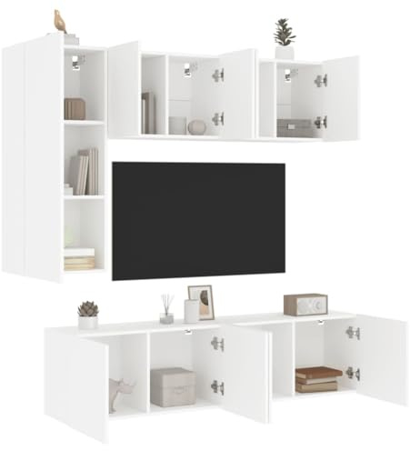 mtlskopl 5-TLG. Wohnwand Weiß aus Holzwerkstoff, Moderne TV-Wand mit Stauraum 40,5-80 cm Breit, Schwebende TV-Kommode Set für Wohnzimmer, Schlafzimmer und Büro