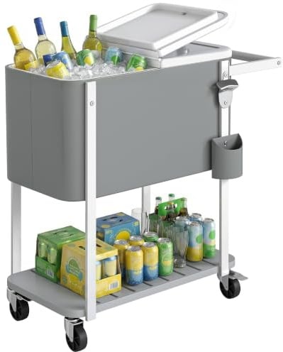 Outsunny Kühlwagen, 56L, Getränkekühler, Servierwagen mit Rollen, Grau | Flaschenöffner, Unterer Ablage, Griff, Mobiler Getränkewagen, Kühlbox, Beistellwagen