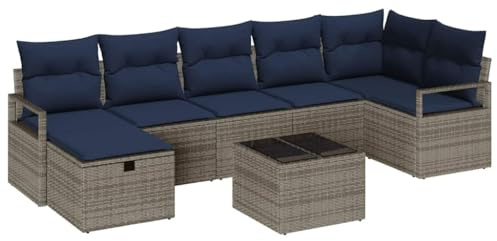 vidaXL Sofa Set mit Kissen 8 pcs Grau und Marineblau Poly-Rattan, Garten- und Terrassenmöbel, modulare Outdoor-Sofaset, wetterfest, leicht und mit Stauraum für einfaches Umstellen