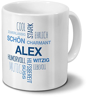 printplanet Tasse mit Namen Alex Positive Eigenschaften Tagcloud - Blau - Namenstasse, Kaffeebecher, Mug, Becher, Kaffeetasse
