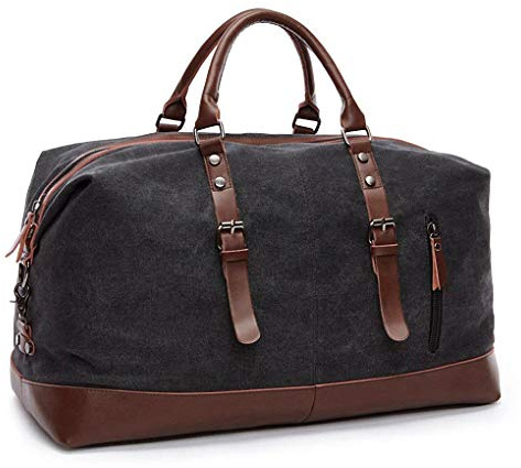 autumndeer Oversized Canvas Holdall Travel Carry On Duffel Bags Plus Handbag Shoulder Bag Crossbody Overnight Weekend Bag Unisex Travel Holdall Handbag with PU Leather Handle (Black)