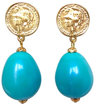 Leichte sehr große Ohr-Clips vergoldet Münze Anhänger Perle türkis Tropfen Statement elegant Trend Geschenk Fashion Designer Mode Hingucker JUSTWIN