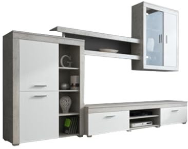 Arreditaly Parete Attrezzata Da Soggiorno Salotto Moderna Con Ante Mensole Vani A Giorno Vetrinetta Mobile TV Design Moderno Moduli Sospesi 293 x 193 x 50 Cm Bianco E Grigio Cemento