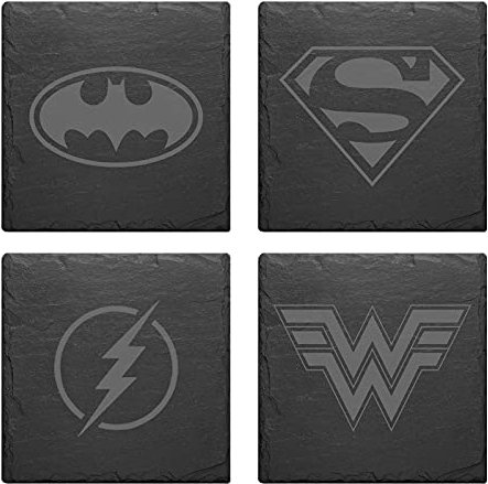 Super Heros Batman Superman Flash Wonder Slate Mat Engraved Set Of 4 Coasters (Superhero Mix)