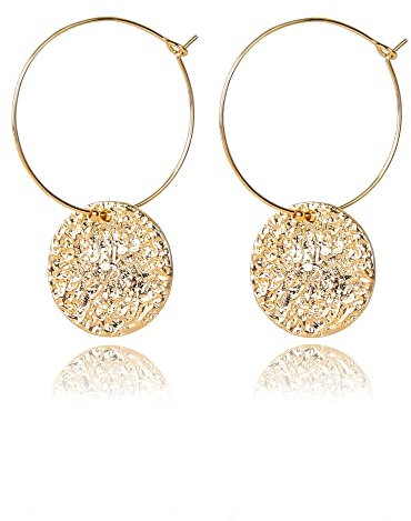 TEZCRT Creolen Damen Ohrringe Sterling 14 Karat Goldfüllung mit Runder Plättchen Anhänger, Hypoallergen Große Huggies Creolen, Durchmesser 30mm Ohrringe, Gold