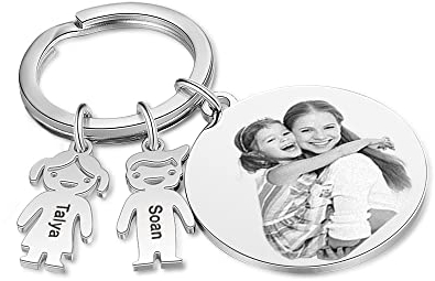 kaululu Personalisierte Schlüsselanhänger mit Namen Foto Gravur Edelstahl 2 Jungen Mädchen Puppe Anhänger Kindername auf dem Schlüsselanhänger Geschenk für Damen/Herren