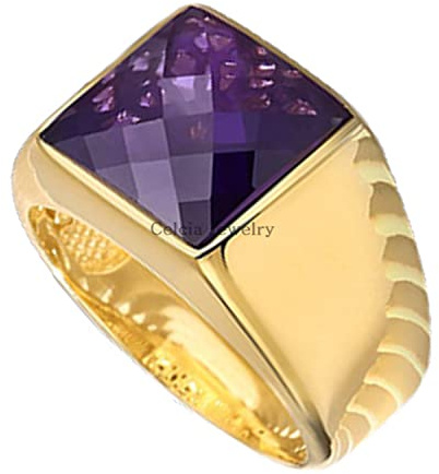 Natural Amethyst February Birthstone Ring, 925 Sterling Silver, Statement Ring, Mens Signet Proposal Ring, Unique Groomsmen Gifts, Yellow Gold Vermeil Ring (amethyst (yellow)