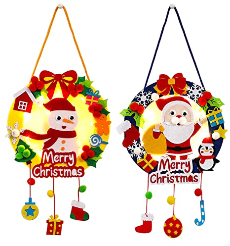 2 Stück Türdeko Weihnachten Filz DIY, Türkranz Weihnachten Außen LED, Bastelset Weihnachten Kinder, Weihnachten Basteln Geschenke, Weihnachtsdeko Amerikanisch Weihnachtskranz Haustür (Schneemann Xmas)