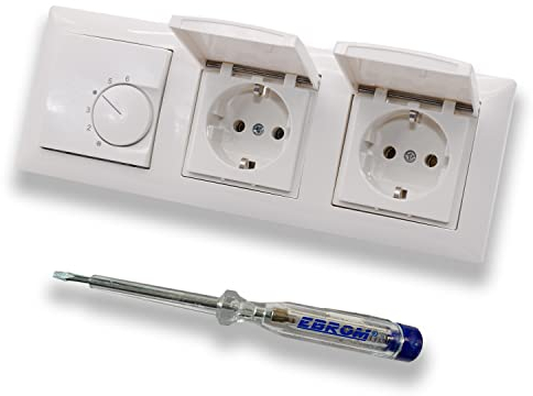 Halmburger UP Raumthermostat Raumtemperaturregler RTR-5510rg in Busch Jäger Balance SI alpinweiß Rahmen 1723-914 + 2x Klappsteckdose 20EUK-914 + EBROM Phasenprüfer zur Montage der Geräte RTR-5510 (rg)