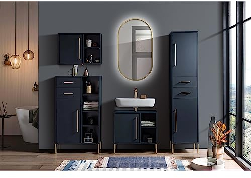 Lomadox Badmöbel Set LED-Spiegel Hochschrank Waschbeckenunterschrank Highboard Hängeschrank in blau