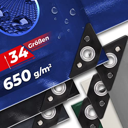 Abdeckplane mit Ösen – 3,99 €/m² - PVC, 650g/m2, wasserdicht, wetterfest, UV Schutz, Größenwahl, Farbwahl - verstärkten Kanten - Gewebeplane, Gartenplane, Schutzplane, Allzweckplane für LKW, Auto