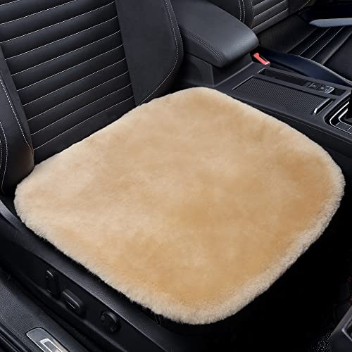 IRIWOOL Autositzpolster aus echtem Schaffell, australische weiche Wolle, atmungsaktiv und schweißableitend, bequem, warm, universelle Passform, 48,8 x 48,8 cm (Vordersitzkissen, 1 Stück, Khaki)
