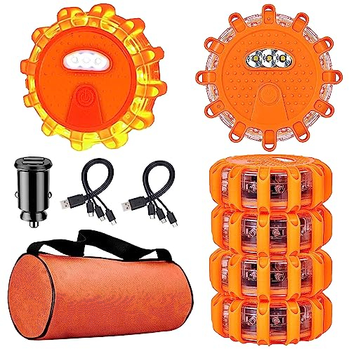 Aisny 6 Pz Luce Emergenza Auto, Lampada Emergenza a LED Impermeabile con Caricabatteria per Auto Cavo USB 3 in 1 e Borsa Luminosa Alla Lampada a LED con 9 Lampeggianti per Incidenti Stradali