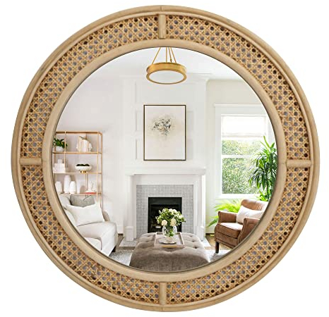 RiteSune Runder Rattan Wandspiegel mit Holzrahmen, moderner Boho Dekospiegel für Badezimmer, Eingang, Wohnzimmer, Schlafzimmer(61 * 61 * 2 cm