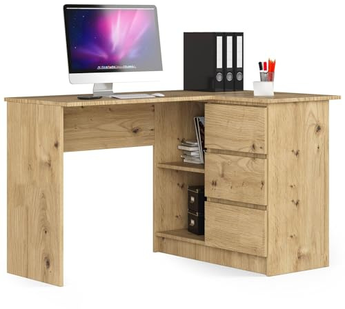 AKORD Eckschreibtisch B16 mit Regal 124 cm | 3 Schubladen Links | Schreibtisch | Ecktisch | Eck Schreibtisch | für Home | für Office | B124 x H77 x T85 cm | Gewicht 41,40 kg | Kunsthandwerkliche Eiche