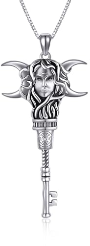 JERWLI Hekate Chaîne en argent sterling 925 avec pendentif en forme de roue de la Hécate, pendentif clé du païen, triple lune, symbole de la déesse, cadeau pour femme et fille, Argent sterling