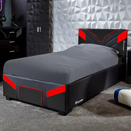 X-Rocker Cerberus MKII Ottoman Gas Lift Upholstered Platform Bed Frame with Storage, Ottoman Gaming Bed with Hydraulic Lifting Under Bed Storage for Kids Juniors Gamers, Single 3ft - CARBON RED