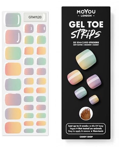 MOYOU LONDON Semi Cured Gel Nail Strips, 32 Pcs. Gel Wraps, Easy Apply & Remove for Salon-Quality Pedicure, Works with Any Nail Lamps