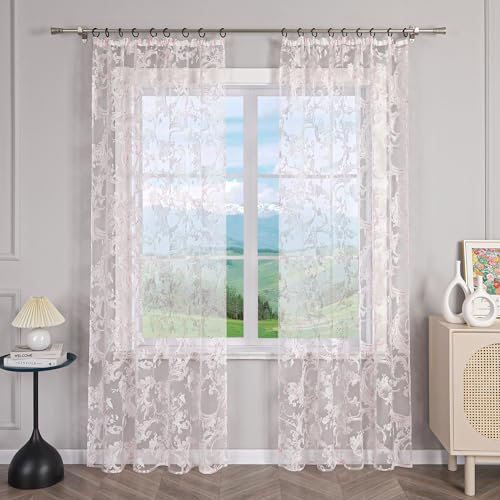 Delien Gardinen Ausbrenner Gardinenschals Modern Transparente Gardinen mit Blumenmuster Fenster Dekoschals Landhaus Wohnzimmer Vorhang mit Kräuselband 1 St. Rosa,BxH 140x245cm