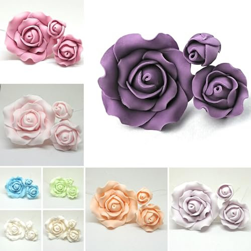 Sugar Roses Set of 3 Flower Cake Decoration Topper *Many Colours To Choose From*… (purple)