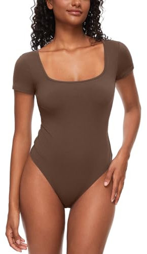 COMFREE Body Damen Bodysuit Elegant Kurzarm Top Eckiger Ausschnitt Damenbody Sommer Oberteil T-shirts Bodys Braun M