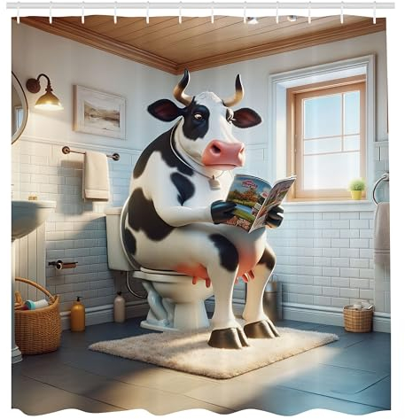 ABAKUHAUS Lustig Duschvorhang, Riesige Kuh sitzt auf Einer Toilette mit Einer Zeitung skurrile Badezimmerszene, Stoffliches Gewebe mit Haken, 175 x 180 cm, Blasses Braun Grau Kokosnuss
