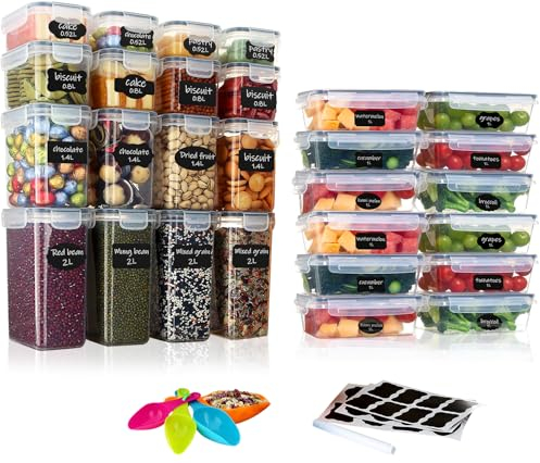 Hibisaws Set di 28 Contenitori per la Cucina, 12 x 1L & 4 x (2L + 1.4L + 0.8L + 0.52L), Contenitori Ermetici per Alimenti in Plastica, Senza BPA