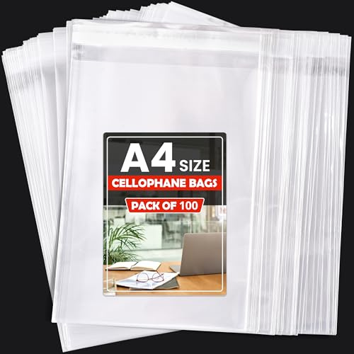 A4 Self Sealing Clear Cellophane Bags (100 Pack) – Clear Self-Adhesive OPP Gift Bags for Cards, Sweets, Treats & Packaging – Transparent Food-Safe Sealable Plastic Cello Bag for Cookies