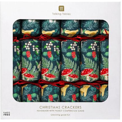 Talking Tables 6 x Christmas Crackers with Games, Party Hat, Midnight Forest Green Design Eco-Friendly Xmas Tableware, Recyclable
