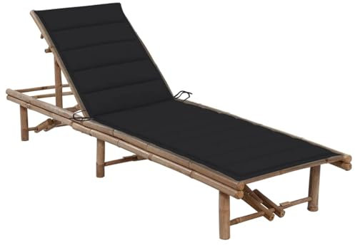 Homgoday Chaise Longue de Jardin avec Coussin Bambou, Bain de Soleil de Jardin Dossier Réglable, Lit de Camping Transat de Relax pour Plage, Extérieur, Balcon, Terrasse G