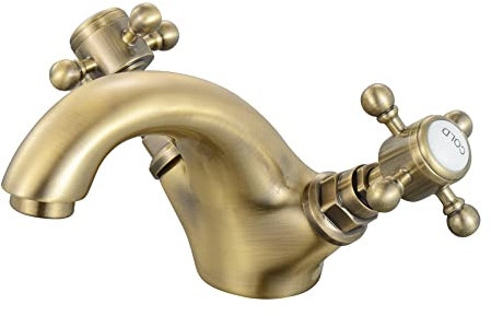 ENKI, Camberley, BBT0279, Antique Brass, Bathroom Basin Sink Mixer Taps, Traditional Cross Handle, Solid Brass, Easy Clean, Traditional Design, Easy to Install, 10-Year Guarantee