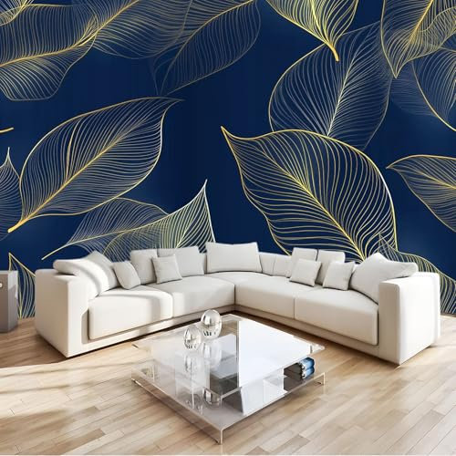 Papier Peint 3D Feuilles De Plantes Bleu Foncé Panoramique Peinture Murale Interieur 400x280 cm pour Salon Chambre à Coucher D'Enfant Maison Décoration Murale