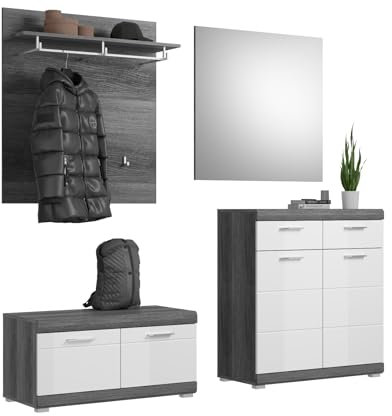 Inn.Furn Garderobe Set 4-teilig in weiß Hochglanz und grau Rauchsilber Garderobenkombination Diele Flur 195 x 197 cm Shawn (mit Sitzkissen, 4 teilig)