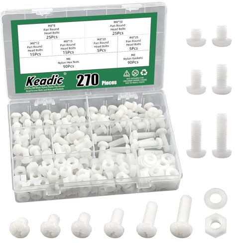 Keadic Lot de 270 vis à tête ronde en nylon blanc M8, en plastique et nylon, boulons à tête ronde, kit de fixation