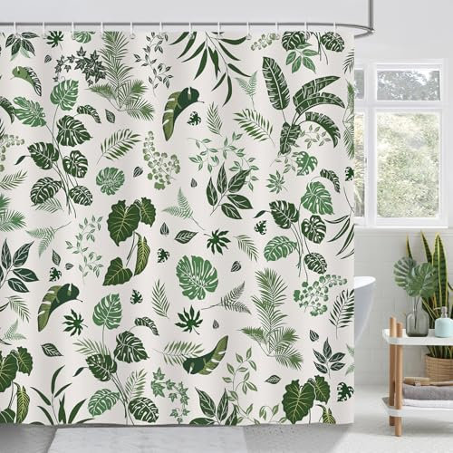 Bonhause Duschvorhang Boho Grün Tropische Blätter Pflanze Retro Vintage Duschvorhänge 180 x 180 cm Anti-Schimmel Wasserdicht Polyester Stoff Waschbar Bad Vorhäng für Badzimmer mit 12 Haken