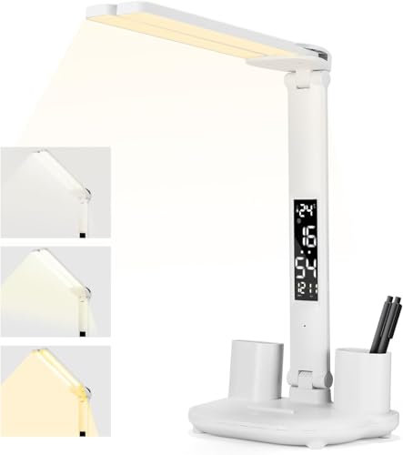 Led Desk Lamp & Desk Accessories Bedside Lamps. USB Charging Touch Control Table Lamp Gifts. 3 Colors 5 Brightness Eye-Caring Reading Light Bedside Phone Holder 3 in 1 LCD Calendar Temperature Alarm.