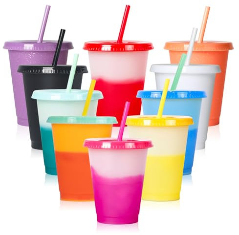10 Stück Plastikbecher Mehrweg mit Deckel und Strohhalm, Trinkbecher mit Deckel, Farbwechsel Becher, 16oz Plastikbecher Becher Tasse Trinkbecher, Kaffeebecher, Wiederverwendbar Kunststoffbecher
